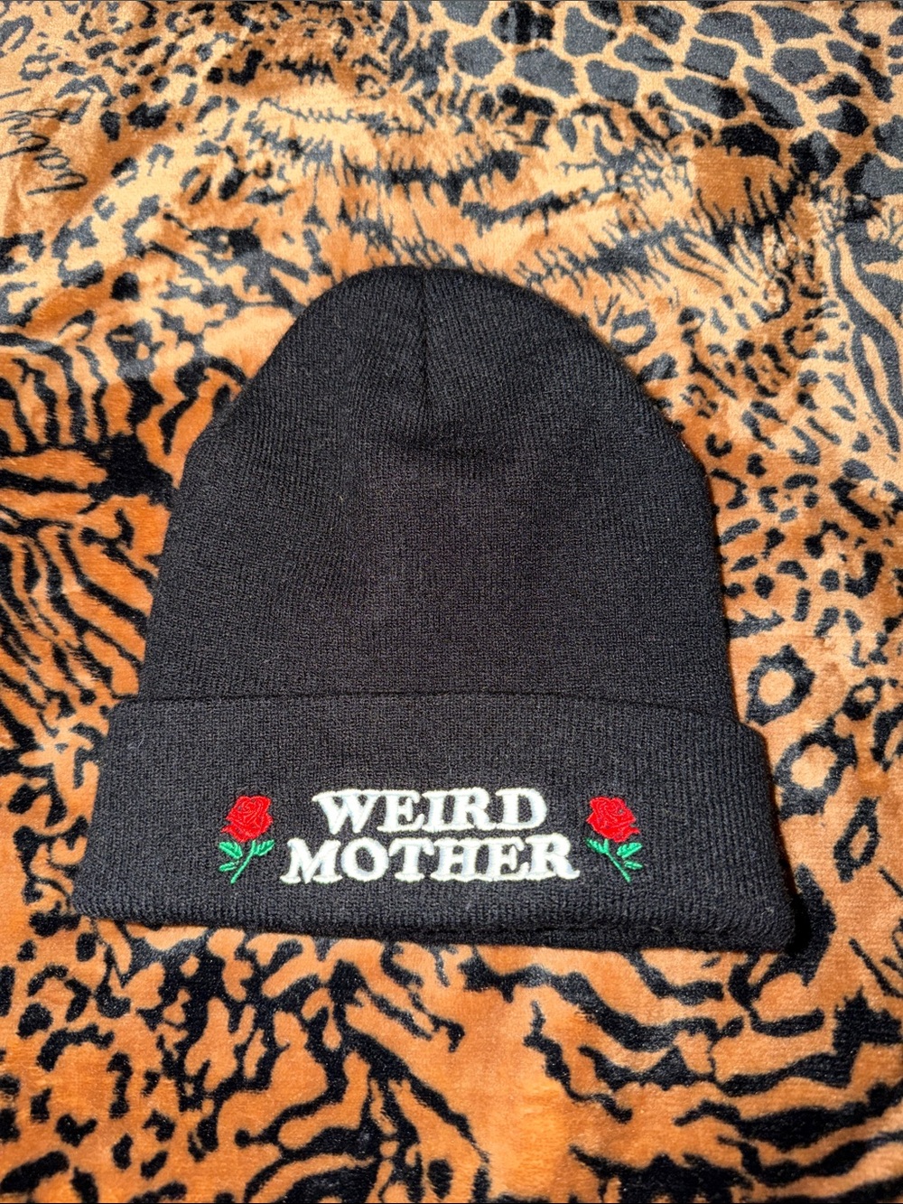 Weird Mother Embroidered Black Beanie Hat